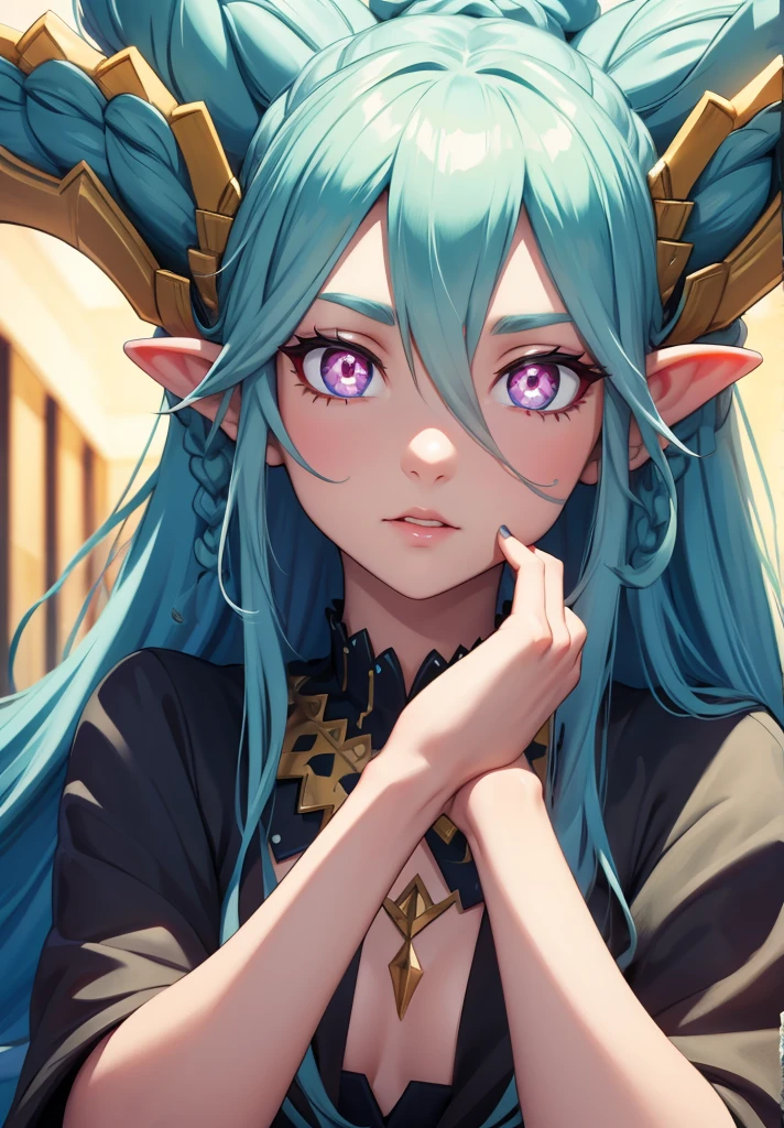 tiamat, tiamat, absurdly long hair, aqua hair, braid, curled horns, gradient hair, horns, long horns, multicolored hair, pink eyes, pointy ears, symbol-shaped pupils, twin braids, (x-shaped pupils:1.5),
BREAK ,
BREAK looking at viewer,
BREAK outdoors,
BREAK (masterpiece:1.2), best quality, high resolution, unity 8k wallpaper, (illustration:0.8), (beautiful detailed eyes:1.6), extremely detailed face, perfect lighting, extremely detailed CG, (perfect hands, perfect anatomy),