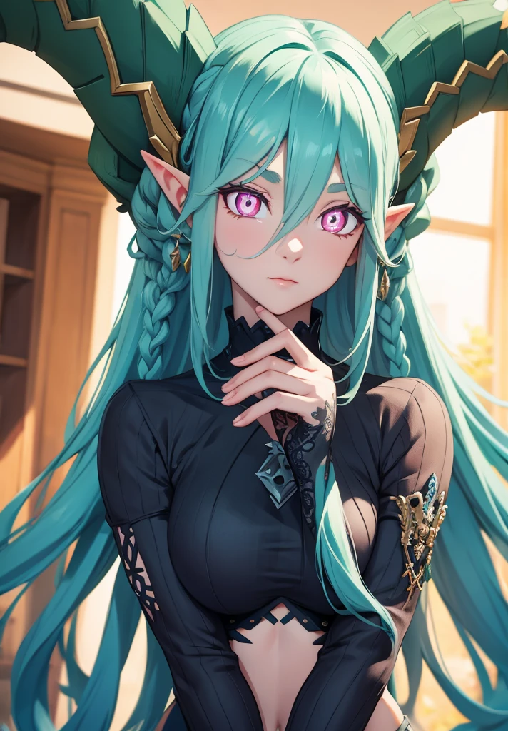 tiamat, tiamat, absurdly long hair, aqua hair, braid, curled horns, gradient hair, horns, long horns, multicolored hair, pink eyes, pointy ears, symbol-shaped pupils, twin braids, (x-shaped pupils:1.5),
BREAK ,
BREAK looking at viewer,
BREAK outdoors,
BREAK (masterpiece:1.2), best quality, high resolution, unity 8k wallpaper, (illustration:0.8), (beautiful detailed eyes:1.6), extremely detailed face, perfect lighting, extremely detailed CG, (perfect hands, perfect anatomy),