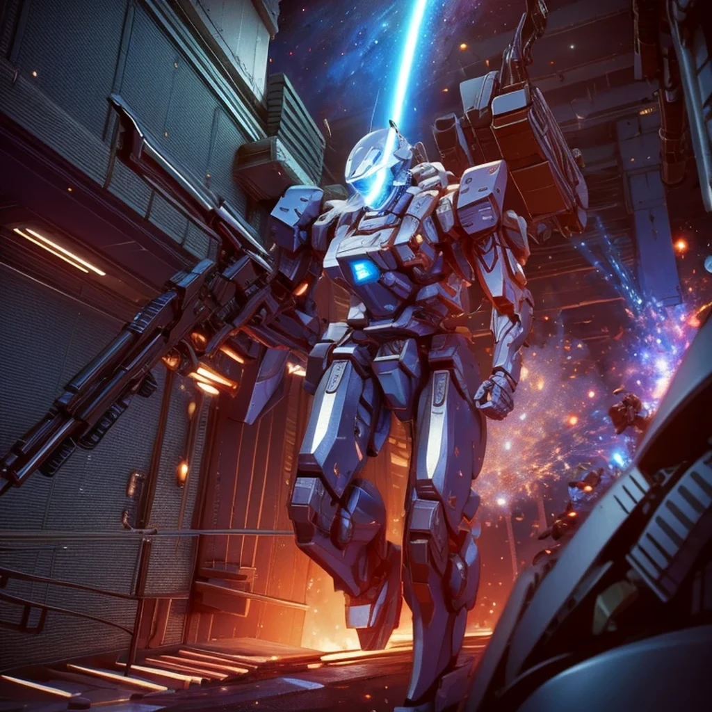 Obra de arte, melhor qualidade:1.7)Mech branco e azul com detalhes dourados, médio, segurando uma sniper azul grande. Realistic, Extremely detaild, 4K UHD, HDR, naturallight, cinematic lighting, masterpiece-anatomy-perfect, ultra HD, (Space Combat:1.5, Battlefield:1.5), RAW photo, metallic, ultra-fine painting, perfect body proportions, anatomically correct, real texture material, Anti-Aliasing, TXAA, SSAO, Post Processing, Post Production, Tone Mapping, CGI, VFX, SFX, Hyper maximalist, ultra photorealultra-detailed intricate details.