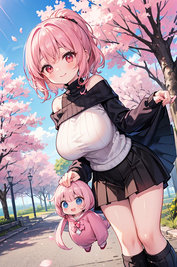 ((Masterpiece)),((high resolution)),((Best Quality)),Anime illustration,(((1girl))),,(wavy hair),(short hair),(pale pink hair color),small ponytail,Red eyes,(Big round eyes),((tareme)),,((loli face)),very big breasts)),Short stature,,Off-the-shoulder sweater,(long maxi skirt),smile,Ladylike,cherry blossoms,