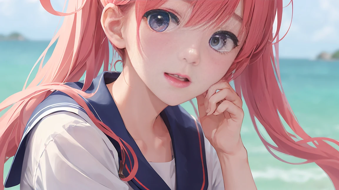 girl、My face is hazy、Sailor suit、He's aiming a gun at me、Curved road sign、Black Hair、short hair、Look down、Sit on top of the car、sitting cross-legged