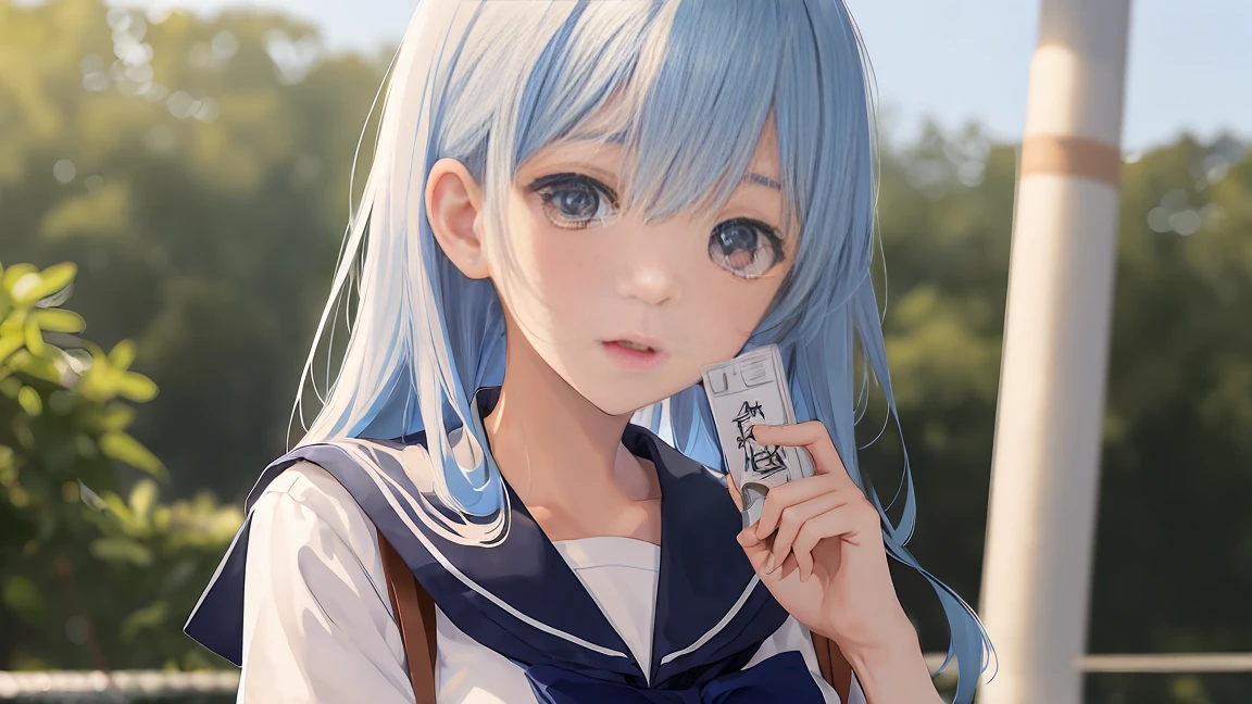 girl、My face is hazy、Sailor suit、He&#39;s aiming a gun at me、Curved road sign、Black Hair、short hair、Look down、Sit on top of the car、sitting cross-legged