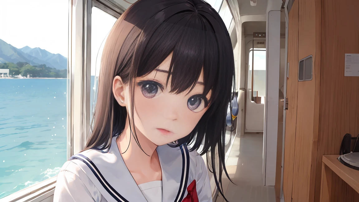 girl、My face is hazy、Sailor suit、He's aiming a gun at me、Curved road sign、Black Hair、short hair、Look down、Sit on top of the car、sitting cross-legged