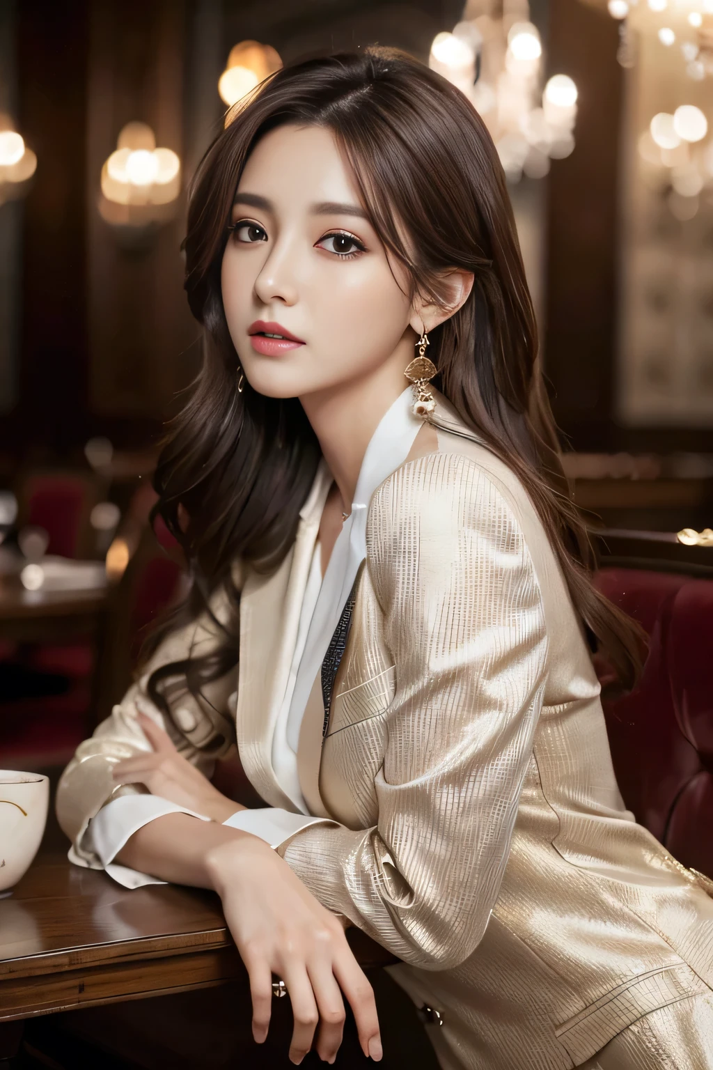 masterpiece, Highest quality, Realistic, Very detailed, Finer details, High resolution, 8k wallpaper, One beautiful woman, Wear a nice suit, In a great restaurant, At night, Light brown messy hair, Perfect dynamic composition, Beautiful and beautiful eyes、Big earrings、Sit on a chair、