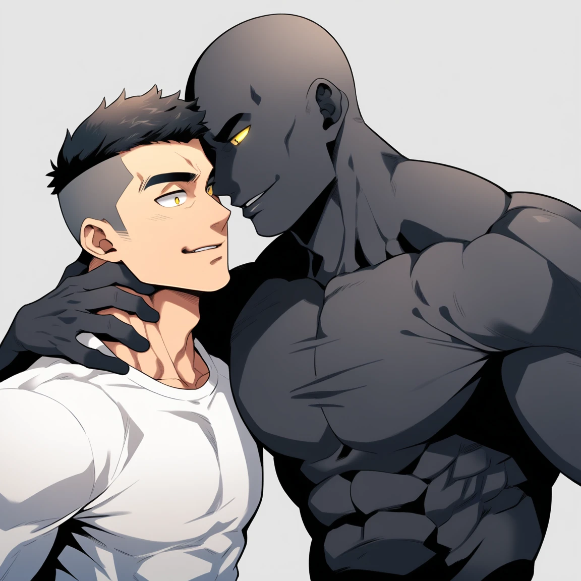 anime characters：Two superheroes in tights, Muscle Sports Student and Muscle No Face skinhead superhero, No Face，negro black skin, They hugged and kissed each other, Bite your neck, Caress, Manliness, male focus, Yellow and black high collar long sleeve tight T-shirt, Slightly transparent material, Very tight, Round, full and perky chest muscles, Muscle waist, Slightly transparent, muscular male, muscular, only, Upper body, alone, Black short hair, Thick eyebrows, stubble, Yellow eyes, Grey background, simple background, amazing quality, best aesthetics, Ridiculous, bright pupils, crew cut, parted lips, seductive smile, torogao, naughty face, drop shadow, best quality