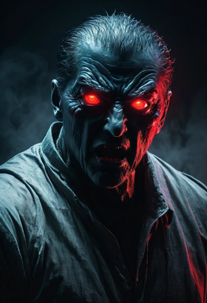 eerie scary entity leaning and whispering to a man who looks angry and has red glowing eyes