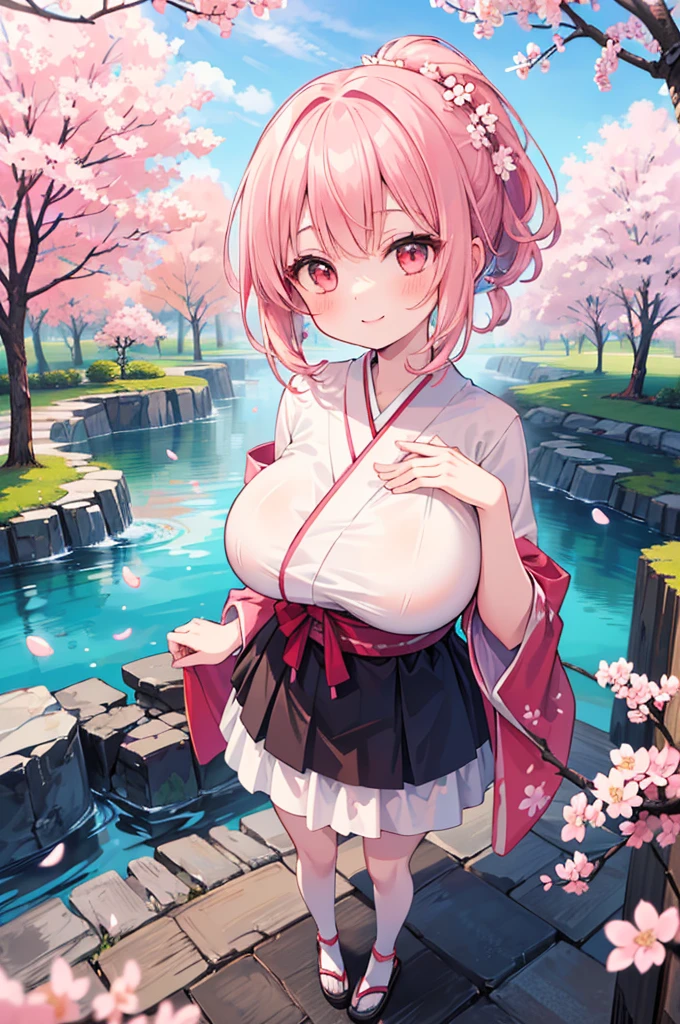 ((Masterpiece)),((high resolution)),((Best Quality)),Anime illustration,(((1girl))),,(wavy hair),(short hair),(pale pink hair color),small ponytail,Red eyes,(Big round eyes),((tareme)),,((loli face)),very big breasts)),Short stature,,kimono,mini skirt,smile,Ladylike,cherry blossoms,