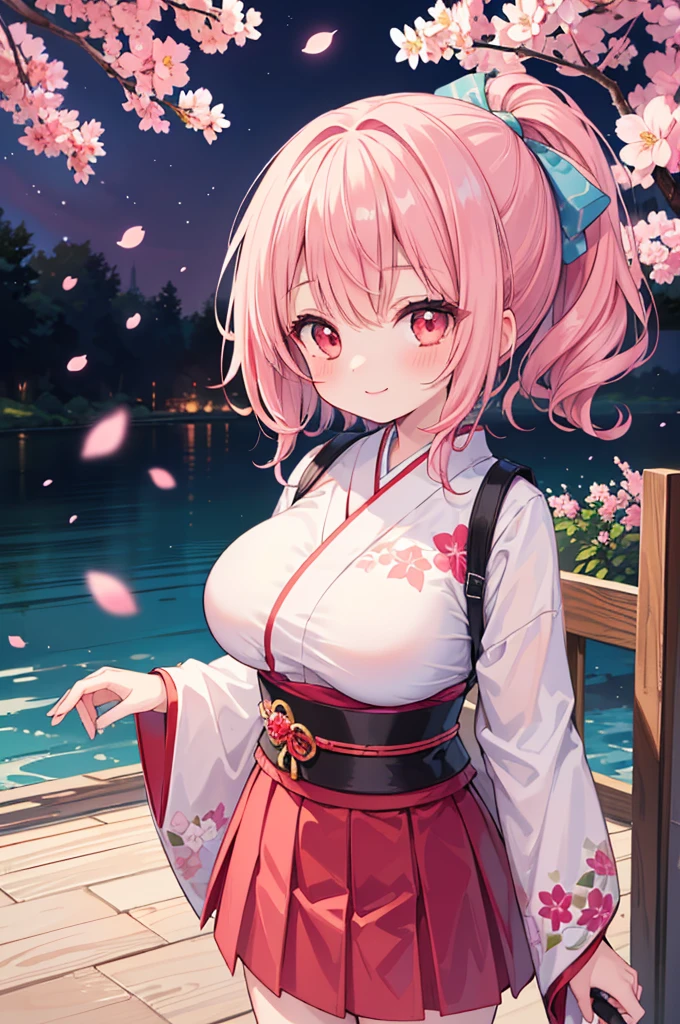 ((Masterpiece)),((high resolution)),((Best Quality)),Anime illustration,(((1girl))),,(wavy hair),(short hair),(pale pink hair color),small ponytail,Red eyes,(Big round eyes),((tareme)),,((loli face)),ry big breasts)),Short stature,,kimono,mini skirt,smile,Ladylike,cherry blossoms,