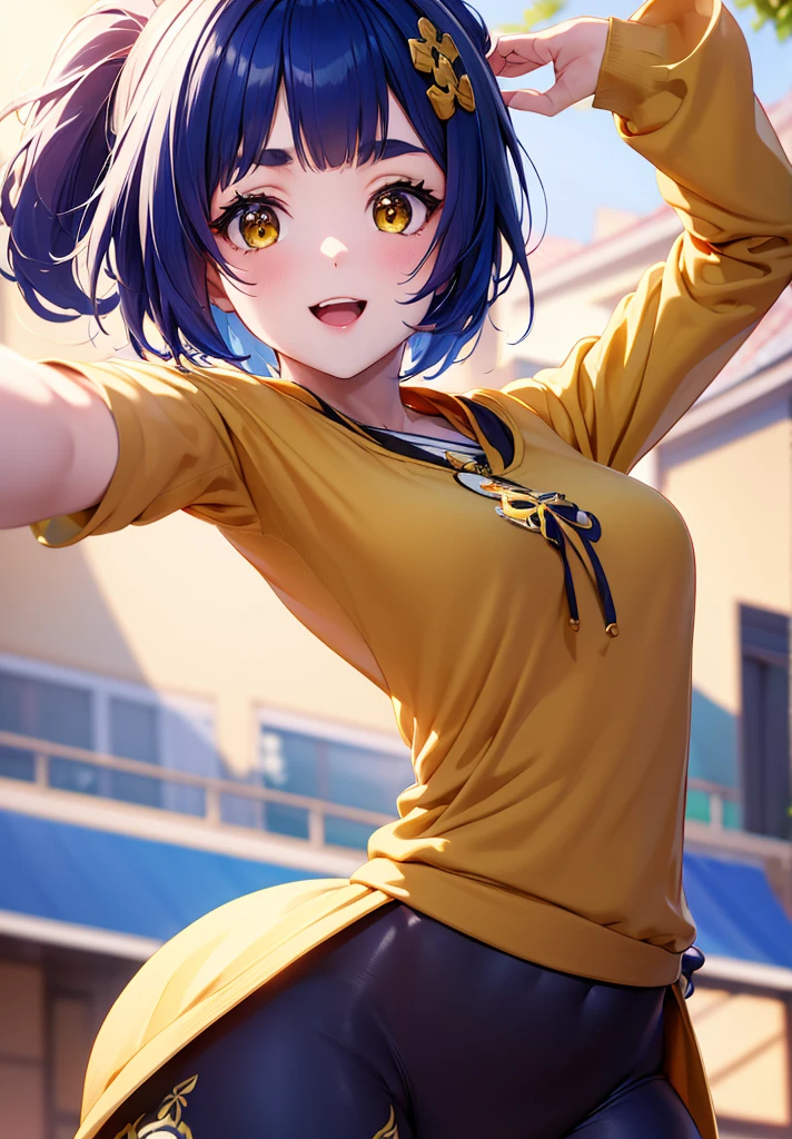 Masterpiece, Best Quality, 1 girl, Xiangling (genshin impact), selfie, SMILE, hair ornament, IN, looking at the viewer, yellow eyes, short hair, :d, fringe, hair pin, Open mouth, long sleeves, thick eyebrows, Hoodie, >_<, blue hair, puesta de sun, Casual, blurred, Arm raised, fringe romo, Upper part of the body, suno, disfraz alternatiINo, sun, reaching the viewer, Xd, sweater, outdoor, braid, panda, mountain, depth of field, sky