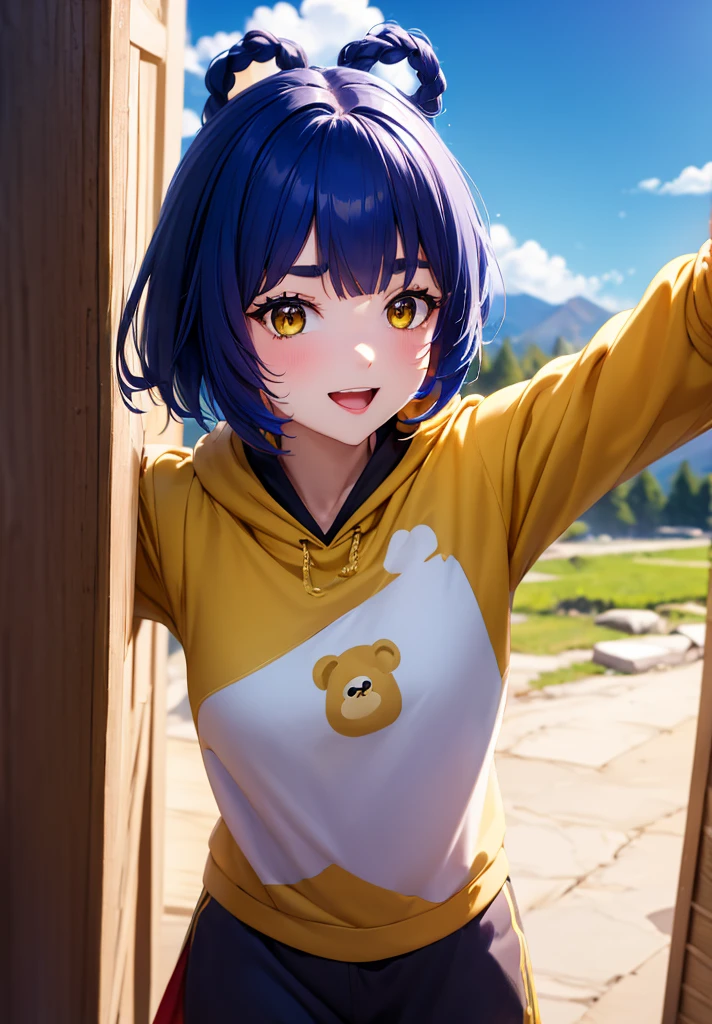 Masterpiece, Best Quality, 1 girl, Xiangling (genshin impact), selfie, SMILE, hair ornament, IN, looking at the viewer, yellow eyes, short hair, :d, fringe, hair pin, Open mouth, long sleeves, thick eyebrows, Hoodie, >_<, blue hair, puesta de sun, Casual, blurred, Arm raised, fringe romo, Upper part of the body, suno, disfraz alternatiINo, sun, reaching the viewer, Xd, sweater, outdoor, braid, panda, mountain, depth of field, sky