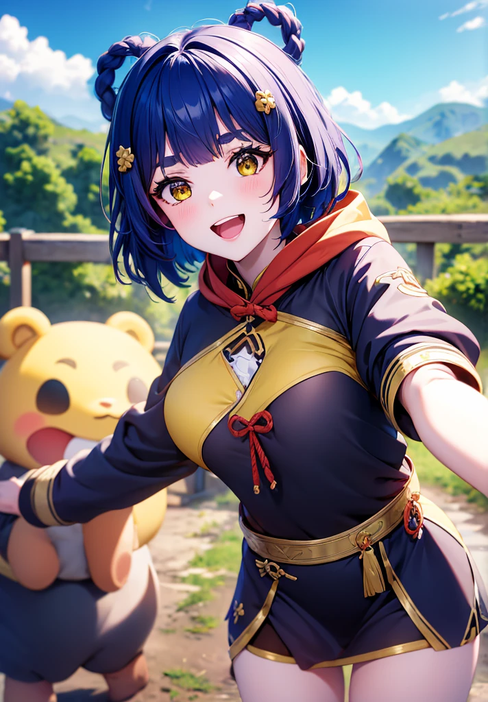 Masterpiece, Best Quality, 1 girl, Xiangling (genshin impact), selfie, SMILE, hair ornament, IN, looking at the viewer, yellow eyes, short hair, :d, fringe, hair pin, Open mouth, long sleeves, thick eyebrows, Hoodie, >_<, blue hair, puesta de sun, Casual, blurred, Arm raised, fringe romo, Upper part of the body, suno, disfraz alternatiINo, sun, reaching the viewer, Xd, sweater, outdoor, braid, panda, mountain, depth of field, sky