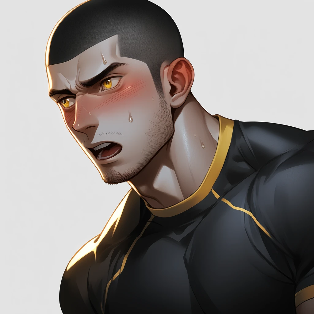1muscular sportsman, Athlete,male focus, Buzz Cut, Yellow and black tight T-shirt, one ,Very tight, muscular male, muscular, only, Upper body, alone, look to the side, short hair, stubble, sweat, black hair, Yellow eyes, open lips, White background, simple background, amazing quality, best aesthetics, Ridiculous, crew cut, moaning, blush, clair obscur, cinematic lighting, best quality, textured skin
