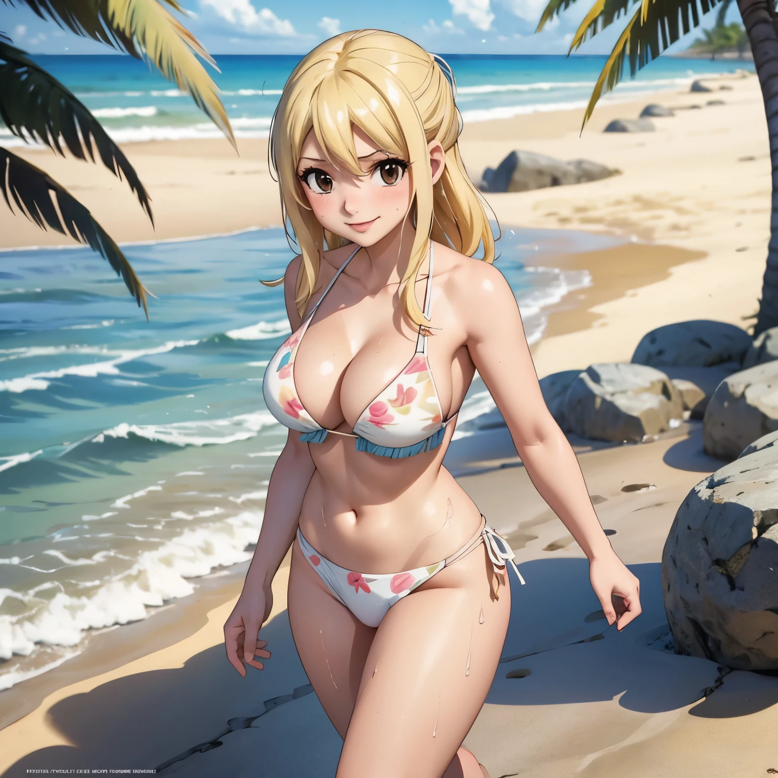 Lucy Heartfilia, 25 year old woman. blond hair, Brown eyes, medium breasts, blush, mischievous smile, white bikini, He is walking on a tropical beach. WET BODY. drops of water on his chest.
