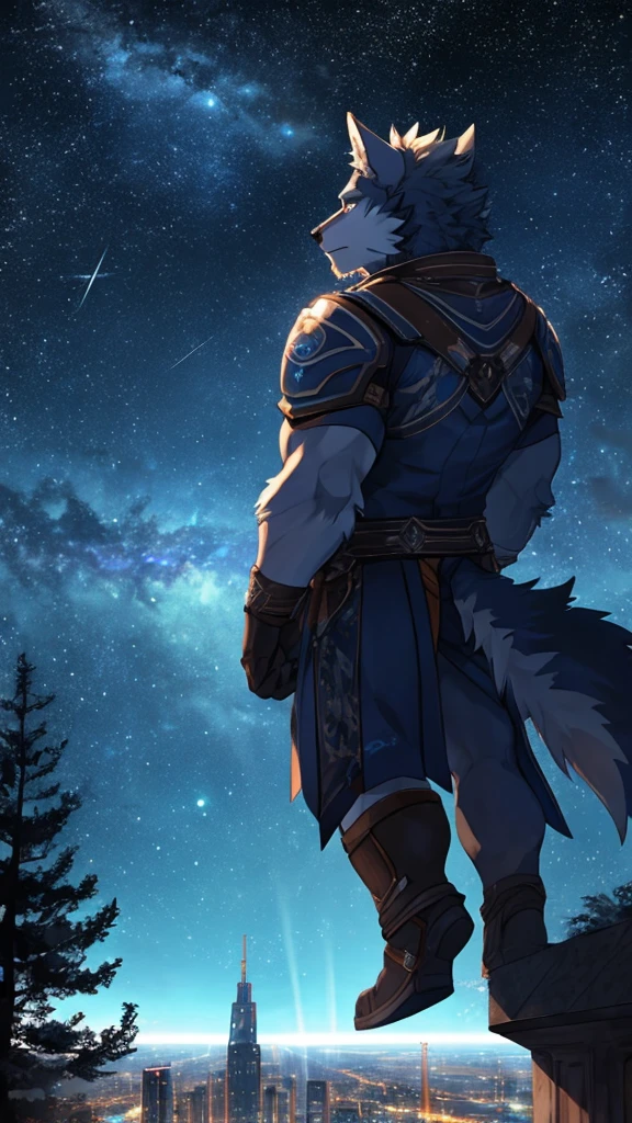 sky sky, As estrelas (sky sky), scenecy, starrysky, natta, Wolf orcs, nigh sky, solo, clouds, galactic, sitted, that tree, looking over city