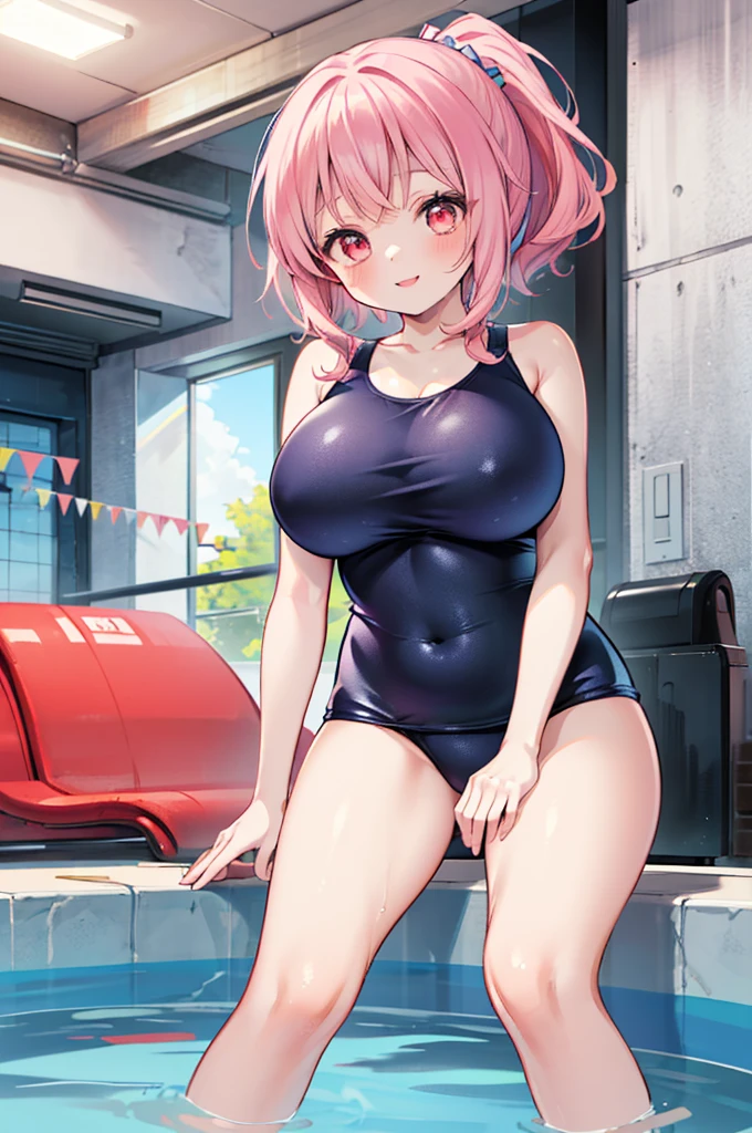 ((Masterpiece)),((high resolution)),((Best Quality)),Anime illustration,(((1girl))),,(wavy hair),(short hair),(pale pink hair color),small ponytail,Red eyes,(Big round eyes),((tareme)),,((loli face)),very big breasts)),Short stature,,one-piece swimsuit,smile,Ladylike,Pool,
