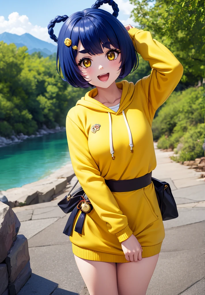 Masterpiece, Best Quality, 1 girl, Xiangling (genshin impact), selfie, SMILE, hair ornament, IN, looking at the viewer, yellow eyes, short hair, :d, fringe, hair pin, Open mouth, long sleeves, thick eyebrows, Hoodie, >_<, blue hair, puesta de sun, Casual, blurred, Arm raised, fringe romo, Upper part of the body, suno, disfraz alternatiINo, sun, reaching the viewer, Xd, sweater, outdoor, braid, panda, mountain, depth of field, sky