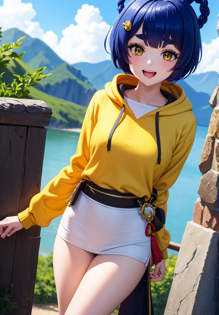 Masterpiece, Best Quality, 1 girl, Xiangling (genshin impact), selfie, SMILE, hair ornament, IN, looking at the viewer, yellow eyes, short hair, :d, fringe, hair pin, Open mouth, long sleeves, thick eyebrows, Hoodie, >_<, blue hair, puesta de sun, Casual, blurred, Arm raised, fringe romo, Upper part of the body, suno, disfraz alternatiINo, sun, reaching the viewer, Xd, sweater, outdoor, braid, panda, mountain, depth of field, sky