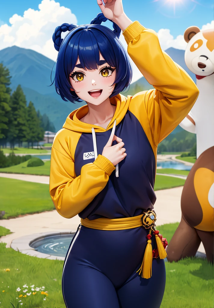 Masterpiece, Best Quality, 1 girl, Xiangling (genshin impact), selfie, SMILE, hair ornament, IN, looking at the viewer, yellow eyes, short hair, :d, fringe, hair pin, Open mouth, long sleeves, thick eyebrows, Hoodie, >_<, blue hair, puesta de sun, Casual, blurred, Arm raised, fringe romo, Upper part of the body, suno, disfraz alternatiINo, sun, reaching the viewer, Xd, sweater, outdoor, braid, panda, mountain, depth of field, sky