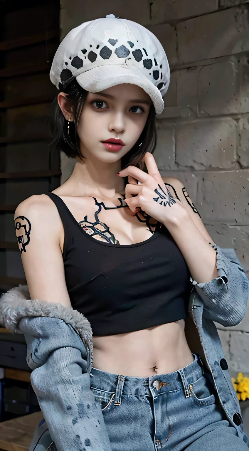 masterpiece, best quality, 8k,highestres, absurdres, extremely detailed, female trafalgar law, 1girl, solo, looking at viewer, short hair, medium breasts, hat, navel, cleavage, collarbone, earrings, midriff, pants, coat, fur trim, denim, jeans, all over the body tattoo, , shoulder tattoo, hand tattoo, finger tattoo, black fur-trimmed coat, coat on shoulders, yellow tank top,///,