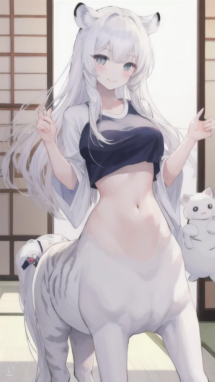 (best quality, masterpiece), 1 girl, centaur, It takes, White skin, japanese girl, Smiling, exposing the abdomen,belly button t-shirt, 아름다운 소녀 perfect white tiger photo, perfect white tiger photo