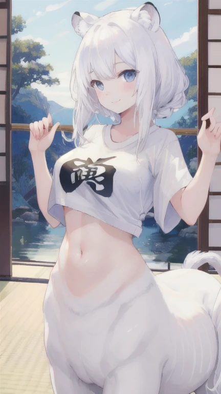 (best quality, masterpiece), 1 girl, centaur, It takes, White skin, japanese girl, Smiling, exposing the abdomen,belly button t-shirt, 아름다운 소녀 perfect white tiger photo, perfect white tiger photo