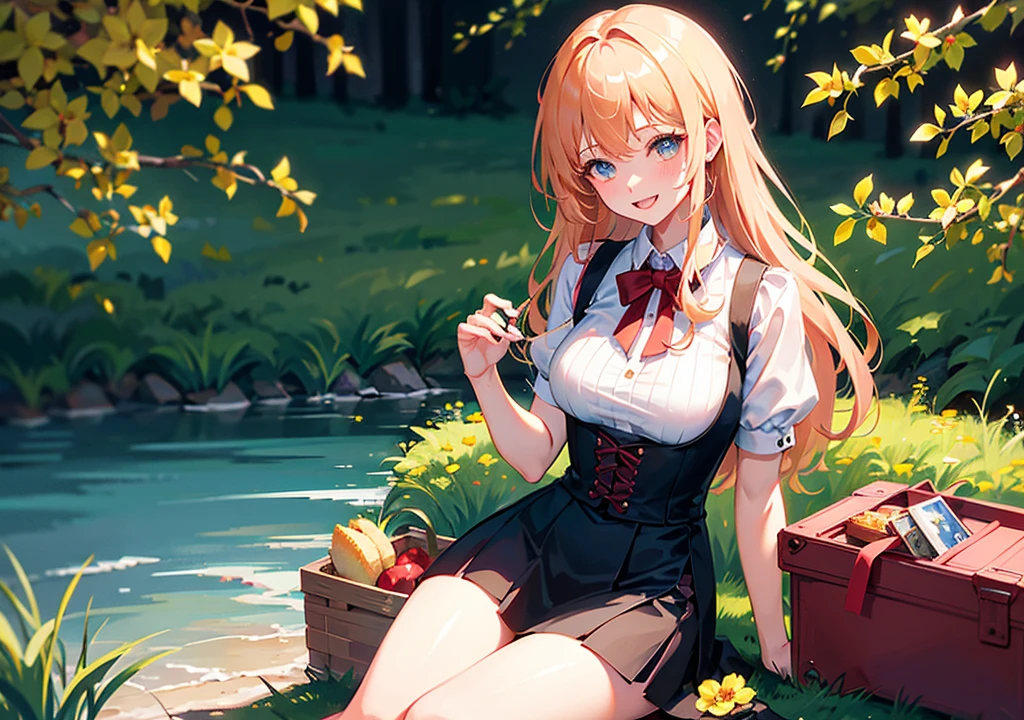 Realistic photos, Focus distance 10mm, Red and white, A big smile, Curly blonde hair, Beautiful girl, Realistic photos, Focus distance 10mmで撮影, masterpiece, 最high quality, high quality, Very detailed CG 8k wallpaper unit, Award-winning photography, Bokeh, Depth of written boundary, High resolution, bloom, chromatic aberration, Realistic, Very detailed, Art Station Trends, CGsociety Trends, Complex, High detail, dramatic, Art on the go, volumetric lighting, A beautiful girl having a picnic in a lush, green meadow, surrounded by flowers and with a basket of delicious treats