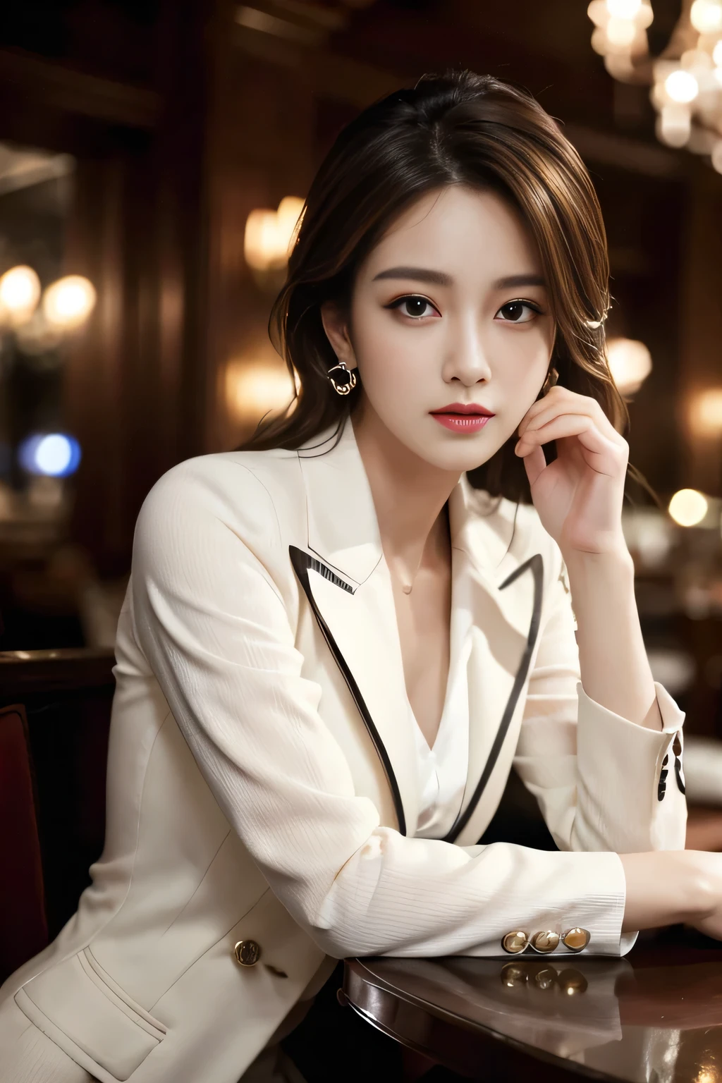 masterpiece, Highest quality, Realistic, Very detailed, Finer details, High resolution, 8k wallpaper, One beautiful woman, Wear a nice suit, In a great restaurant, At night, Light brown messy hair, Perfect dynamic composition, Beautiful and beautiful eyes、Big earrings、Sit on a chair、