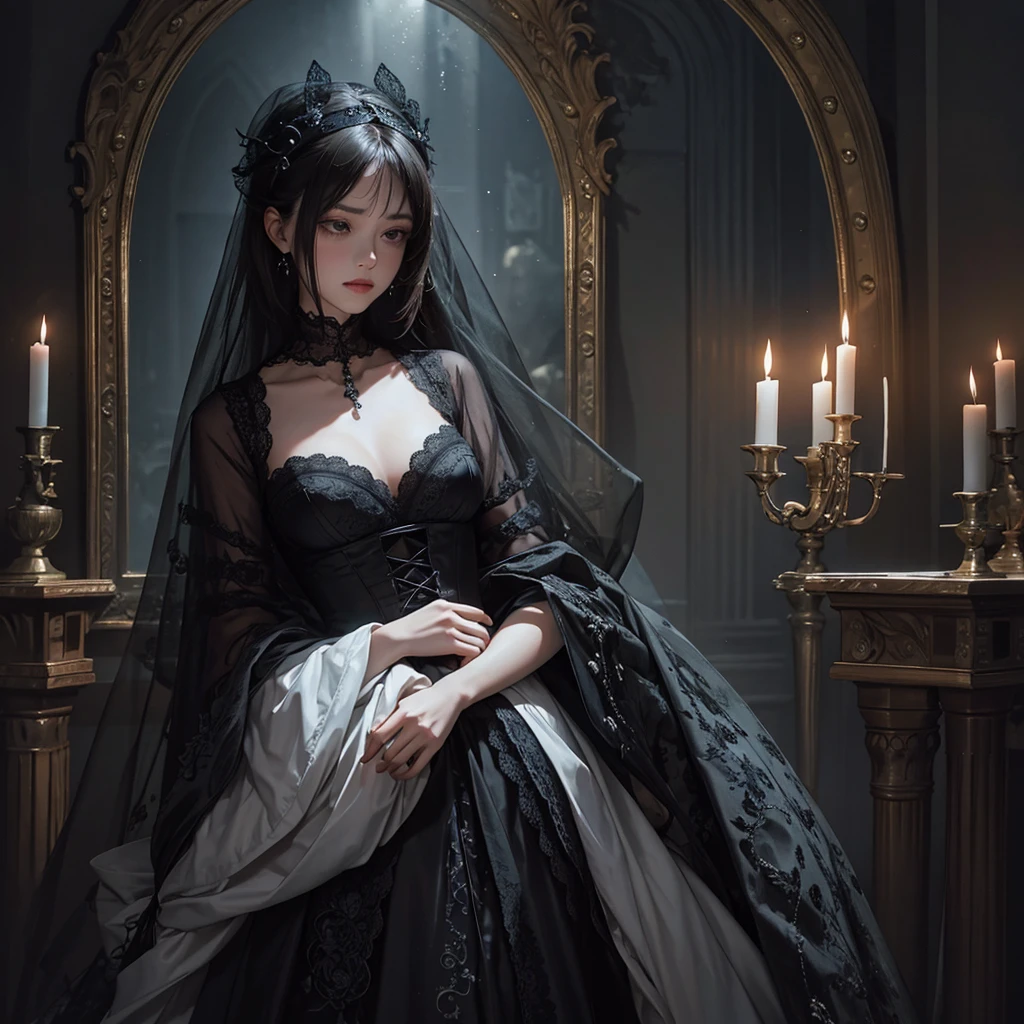Official Art, Unity 8k wallpaper, super detailed, beautiful, beautiful, masterpiece, best quality,
darkness, atmosphere, mystery, romanticism, creepy, literature, art, fashion, victorian, decoration, intricacies, ironwork, lace, contemplation, emotional depth, supernatural,
1 girl, solo, neck, bust composition