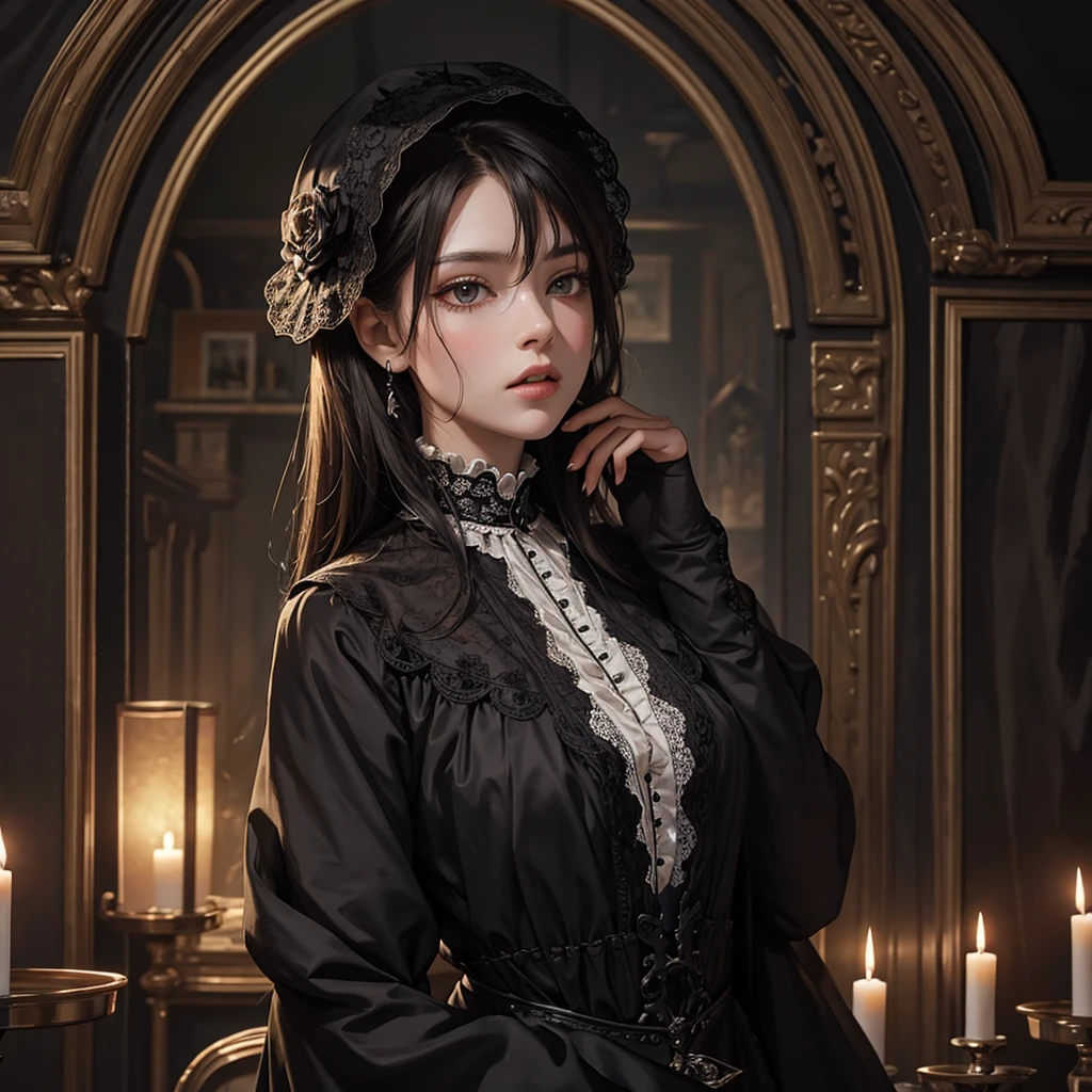 Official Art, Unity 8k wallpaper, super detailed, beautiful, beautiful, masterpiece, best quality,
darkness, atmosphere, mystery, romanticism, creepy, literature, art, fashion, victorian, decoration, intricacies, ironwork, lace, contemplation, emotional depth, supernatural,
1 girl, solo, neck, bust composition