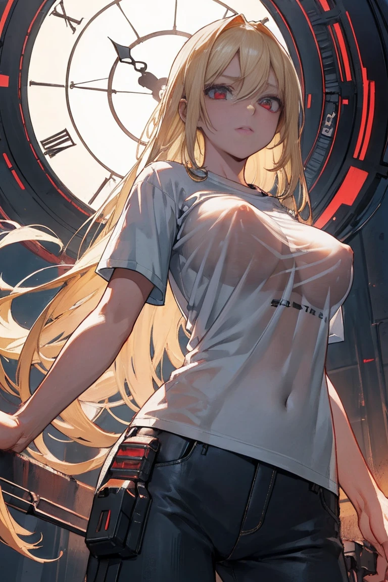 optimal,masterpiece,high resolution,best quality,Ultra HD,Very detailed,The award-winning,16K,Solitary,(Upper Body),Correct anatomy,Beautiful cyberpunk girl,Cowboy shooting、Cute face,,Blonde、Long hair、Double tail、Weaving, hairline,((Scarlet eyes)),Long eyelashes,Drooping corners of the eyes,White skin,((Shot from below)), ((t-shirt:1.5)), Clock top、((Clear nipples))、Rocket , (Large Breasts),(because I'Thin),
