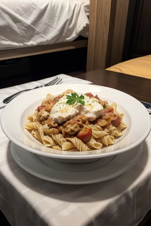 generates an image of an ultra-realistic pasta ordered by uber eats on a hotel bed