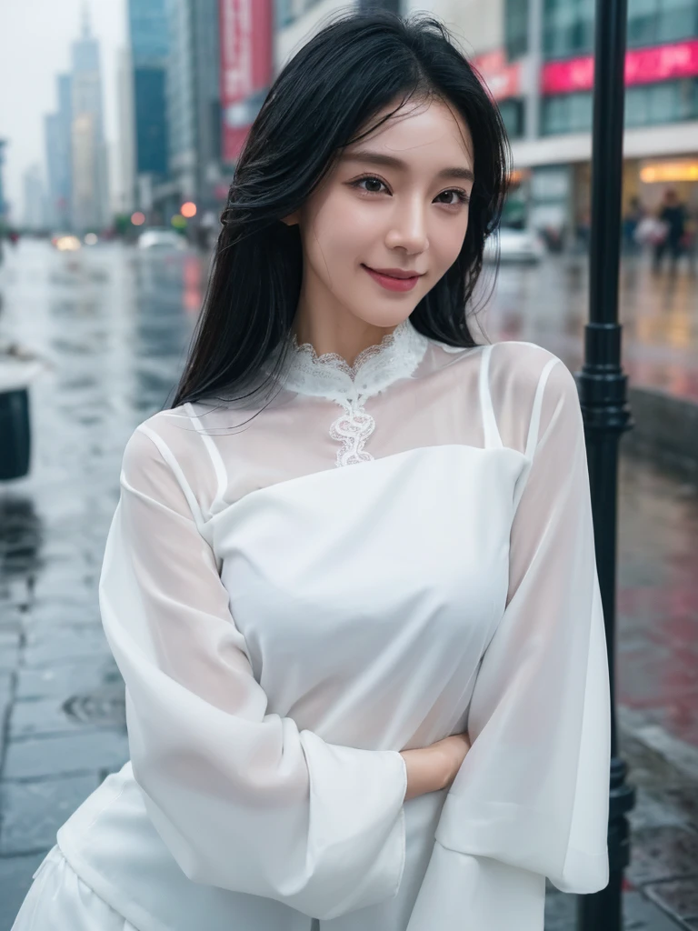 ((best quality, 8K, masterpiece: 1.3)),upper body,Black Hair, black eye,sharp focus: 1.2, beautiful woman with a perfect body: 1.4, ((midiam hair, large: 1.2)), (small and beautiful hard (White long sleeve blouse with lace、Silk Tight darkmagenta long skirt), (wet from rain: 1.2), (rain, street: 1.2), wet body: 1.1, Highly detailed face and skin texture, detailed eyes, double eyelids, White skin,,E cup,smile,Financial district of the big city,Skyscraper,White skin,Wet Hair、Wet Skin、Wet clothes、smile、