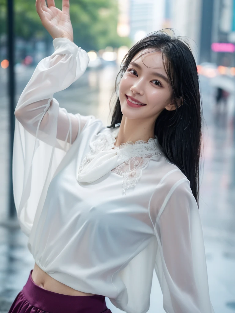 ((best quality, 8K, masterpiece: 1.3)),upper body,Black Hair, black eye,sharp focus: 1.2, beautiful woman with a perfect body: 1.4, ((midiam hair, large: 1.2)), (small and beautiful hard (White long sleeve blouse with lace、Silk Tight darkmagenta long skirt), (wet from rain: 1.2), (rain, street: 1.2), wet body: 1.1, Highly detailed face and skin texture, detailed eyes, double eyelids, White skin,,E cup,smile,Financial district of the big city,Skyscraper,White skin,Wet Hair、Wet Skin、Wet clothes、smile、