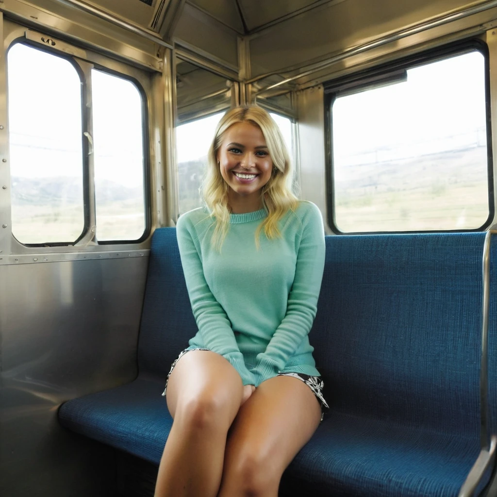 jennmcc, sitting, inside a train, crossed legs, smiling, looking at viewer, blonde