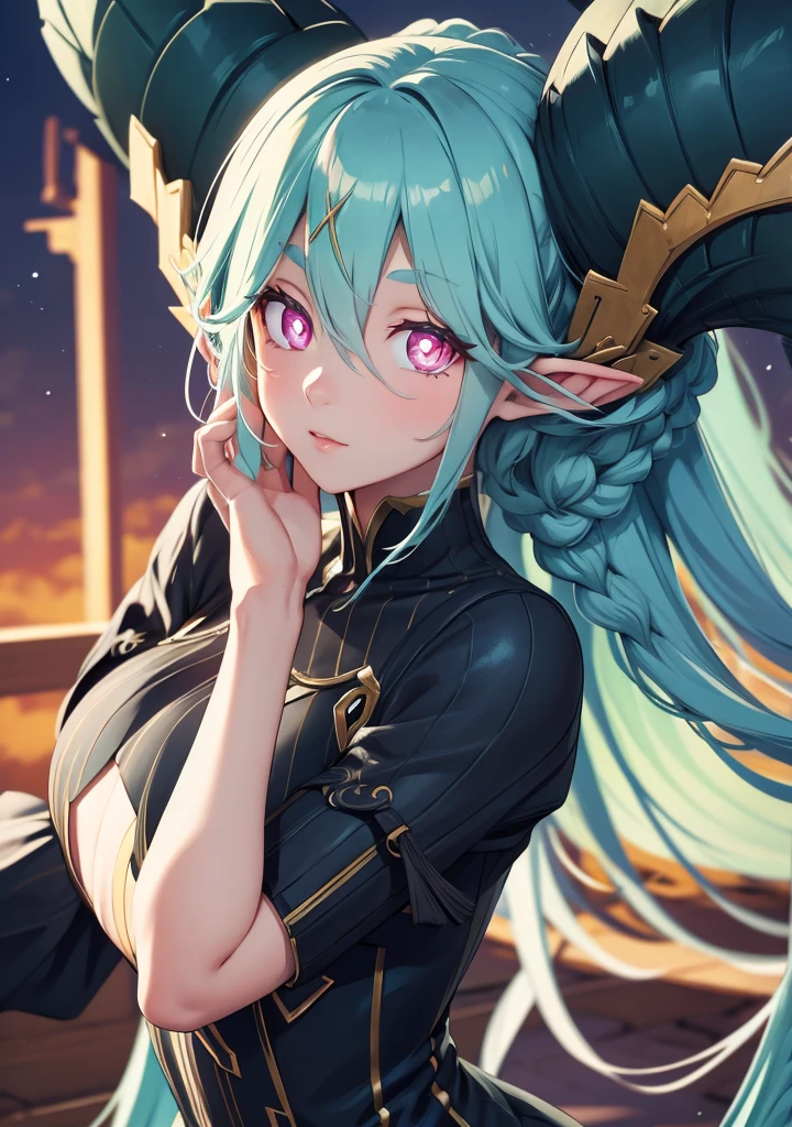 tiamat, tiamat, absurdly long hair, aqua hair, braid, curled horns, gradient hair, horns, long horns, multicolored hair, pink eyes, pointy ears, symbol-shaped pupils, twin braids, (x-shaped pupils:1.5),
BREAK ,
BREAK looking at viewer,
BREAK outdoors,
BREAK (masterpiece:1.2), best quality, high resolution, unity 8k wallpaper, (illustration:0.8), (beautiful detailed eyes:1.6), extremely detailed face, perfect lighting, extremely detailed CG, (perfect hands, perfect anatomy),