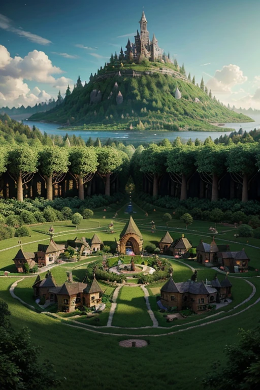 Elf village in trees with elves a lot of mystical hyperrealistic nature 