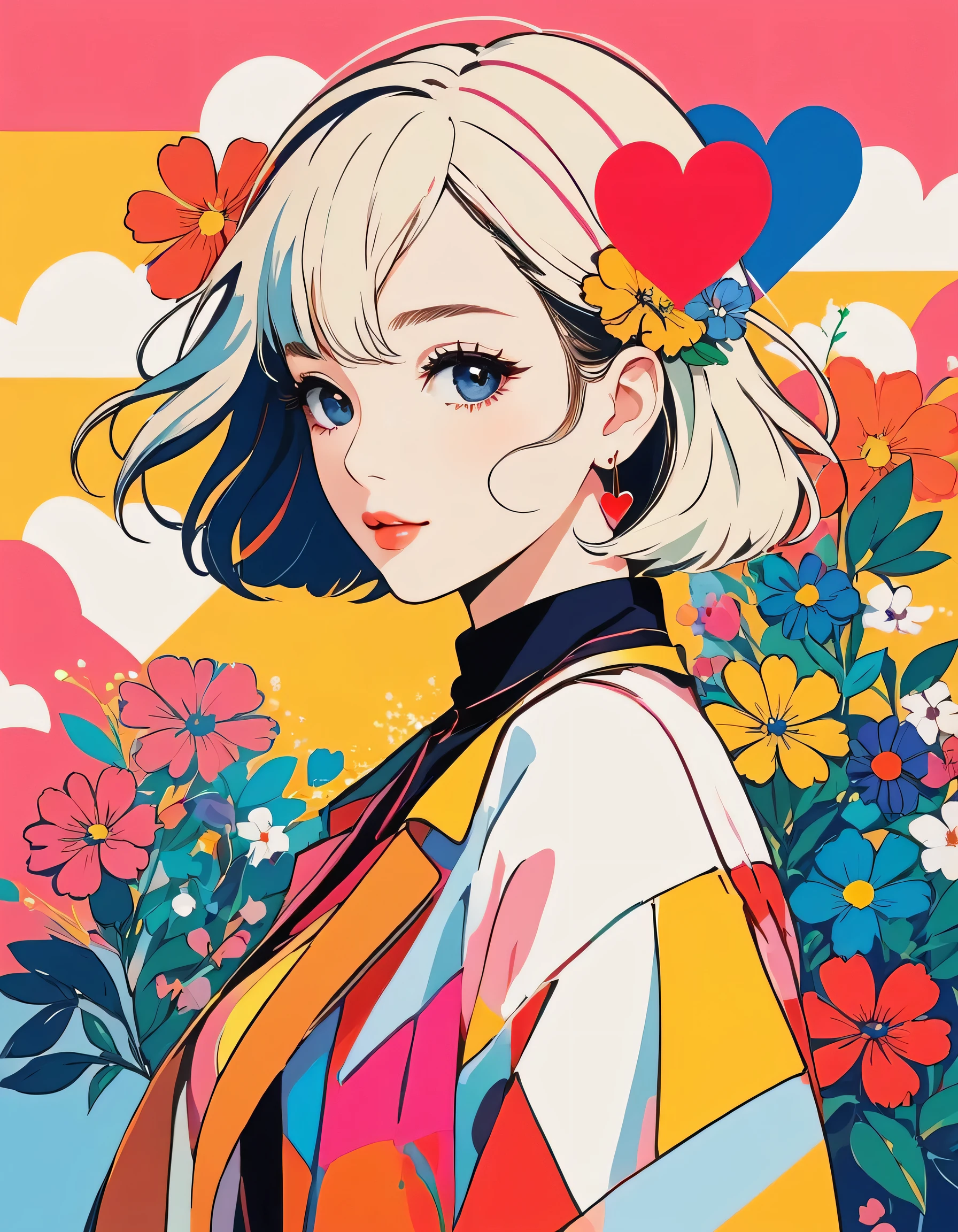 Mika Pikazo style, Simple Line Initialism,Abstract art,stylish Design, The most beautiful girl of all time, Urban Background, colorful hearts, colorful flowers,