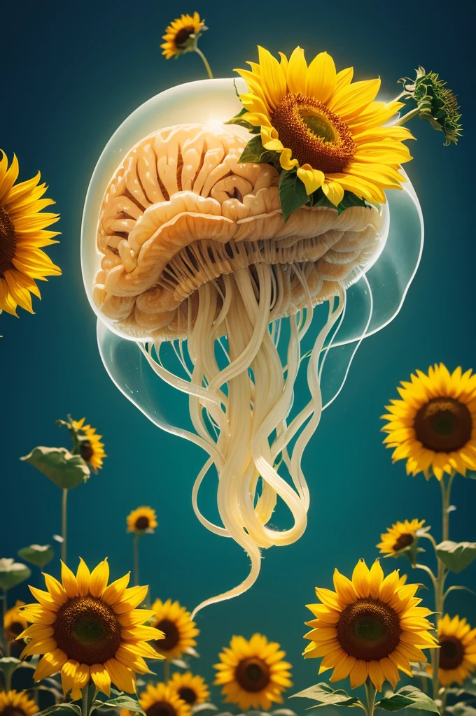 Create an image of a brain-shaped jellyfish surrounded by a sunflower