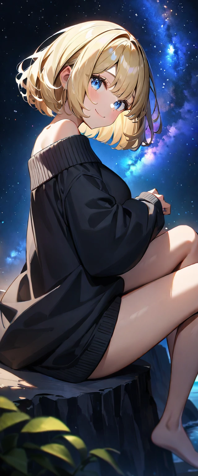 (((a beautiful starry sky, the Milky Way shining beautifully in the night))), ((bare legs)), ((Aran sweater)), ((((from side)))), upper body, ((sitting on the very high cliff)), wavy hair, inward curled hair, sea, ((blond hair, bob cut:1.3)), breasts, ager, (looking at viewer), oversized clothes, puffy long sleeves, ((off-shoulder sweater:1.3, Quite thick shoulder straps)), ((black sweater)), collarbone, head tilt:1.3, (((blue eyes))), happy smile, (((anime style))), (best quality, 4K, 8K, highres, masterpiece:1.2, ultra-detailed, ultra-detailed eyes, HDR, uhd, studio lighting, ultra-fine painting, sharp focus, physically-based rendering, extreme detail description, professional, vivid colors, bokeh)