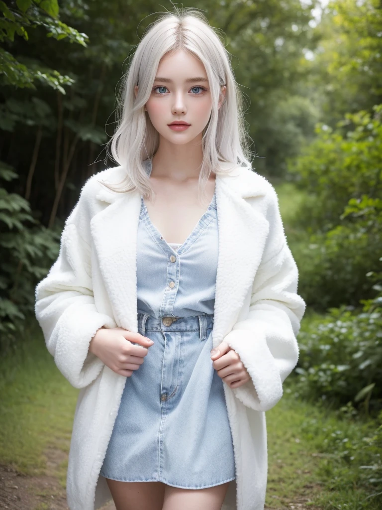 14Caucasian model at the age, Full body photo standing on both legs,((Clean clothes)), wearing fluffy clothes, Natural light, Pretty Caucasian Woman, white hair, bright smile, (8K, Live shooting, highest quality, masterpiece: 1.2), masterpiece, super detail, , High-definition RAW color photo, Full body photo standing, , , , highly detailed eyes, realistic skin texture, highly detailed fingers, very detailed nose, highly detailed mouth, , Photo above the knee, , See-through feeling、Transparent processing、wear fluffy clothes、, White hair, blue eyes, masterpiece, realistic skin texture, , shiny hair and white skin, 、 natural skin texture, A young woman who looks like a girl, Photo above the knee、blue eyes, 、lowered eyebrows, innocent face, Eyes that look gentle, natural skin texture, round face, Kind eyes, long and pure white beautiful hair、, small face, No decorations attached, white, drooping eyebrows, Mont Blanc, white, drooping eyebrows、Eyes with sparkle、Both eyes are the same shape and size、wearing night clothes