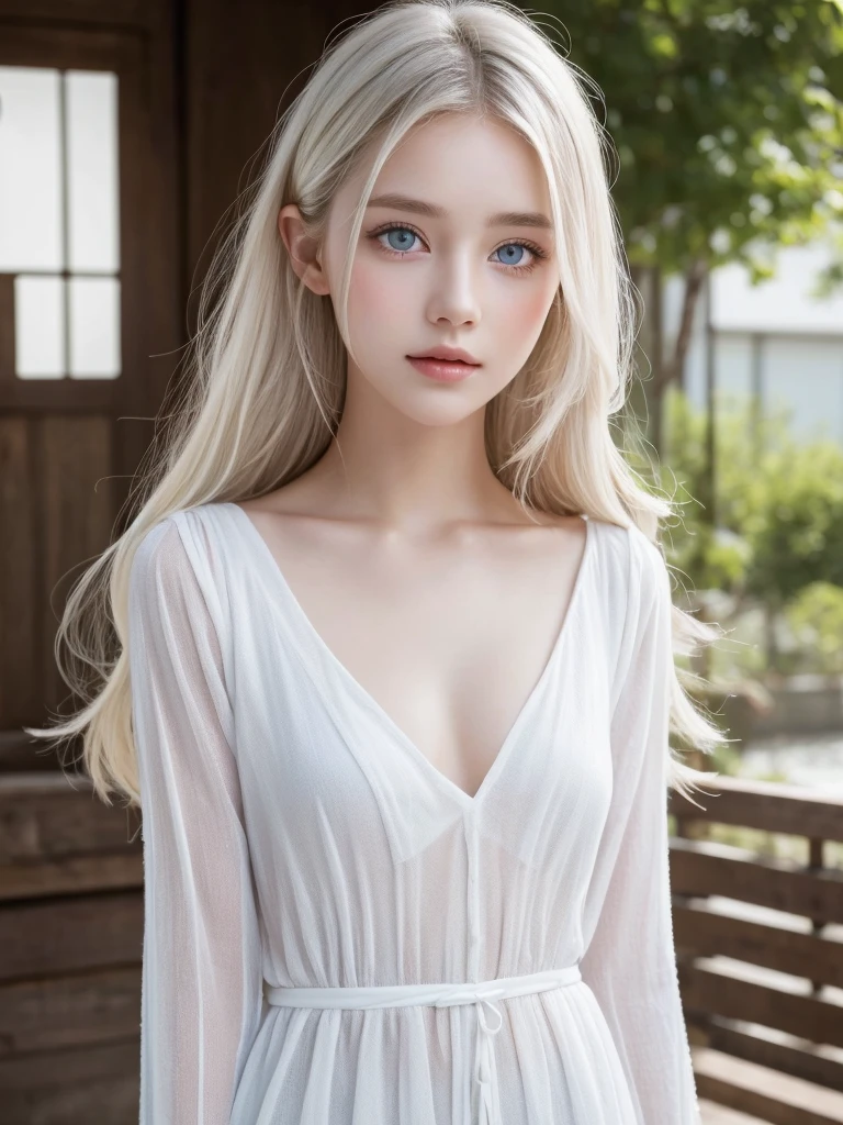 14Caucasian model at the age, Full body photo standing on both legs,((Clean clothes)), wearing fluffy clothes, Natural light, Pretty Caucasian Woman, white hair, bright smile, (8K, Live shooting, highest quality, masterpiece: 1.2), masterpiece, super detail, , High-definition RAW color photo, Full body photo standing, , , , highly detailed eyes, realistic skin texture, highly detailed fingers, very detailed nose, highly detailed mouth, , Photo above the knee, , See-through feeling、Transparent processing、wear fluffy clothes、, White hair, blue eyes, masterpiece, realistic skin texture, , shiny hair and white skin, 、 natural skin texture, A young woman who looks like a girl, Photo above the knee、blue eyes, 、lowered eyebrows, innocent face, Eyes that look gentle, natural skin texture, round face, Kind eyes, long and pure white beautiful hair、, small face, No decorations attached, white, drooping eyebrows, Mont Blanc, white, drooping eyebrows、Eyes with sparkle、Both eyes are the same shape and size、wearing night clothes