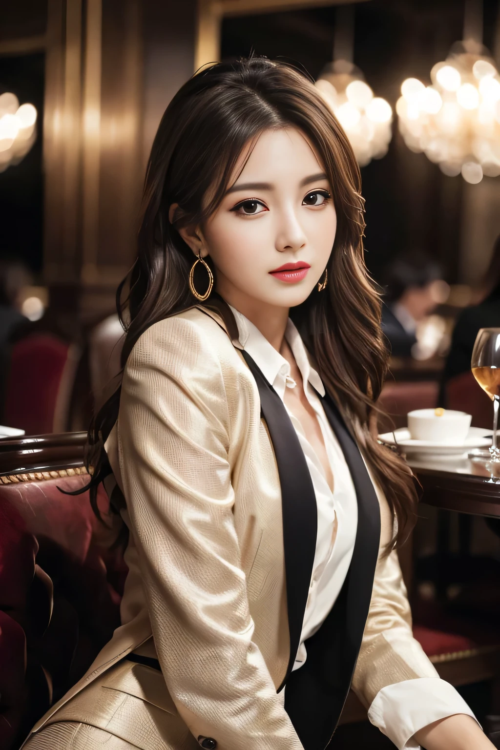masterpiece, Highest quality, Realistic, Very detailed, Finer details, High resolution, 8k wallpaper, One beautiful woman, Wear a nice suit, In a great restaurant, At night, Light brown messy hair, Perfect dynamic composition, Beautiful and beautiful eyes、Big earrings、Sit on a chair、