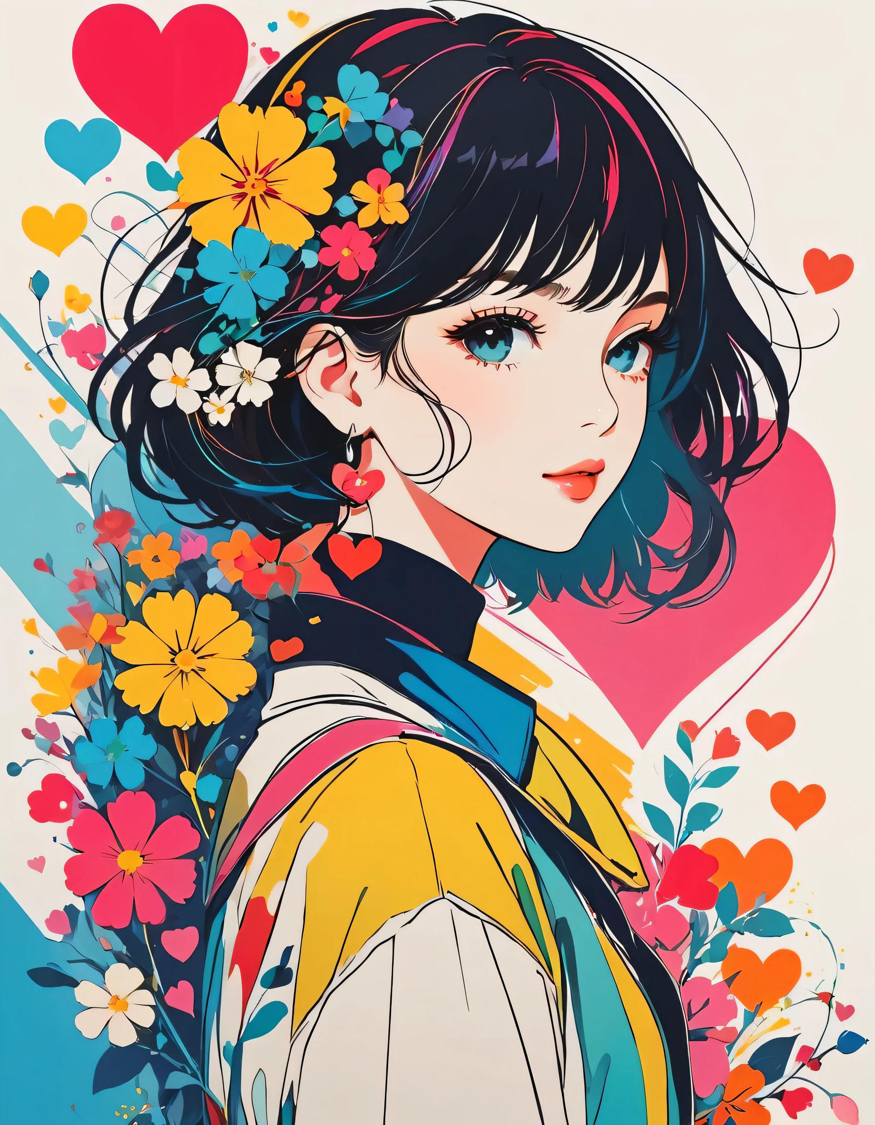 Mika Pikazo style, Simple Line Initialism，Abstract art，stylish Design, The most beautiful girl of all time, Urban Background, colorful hearts, colorful flowers,
