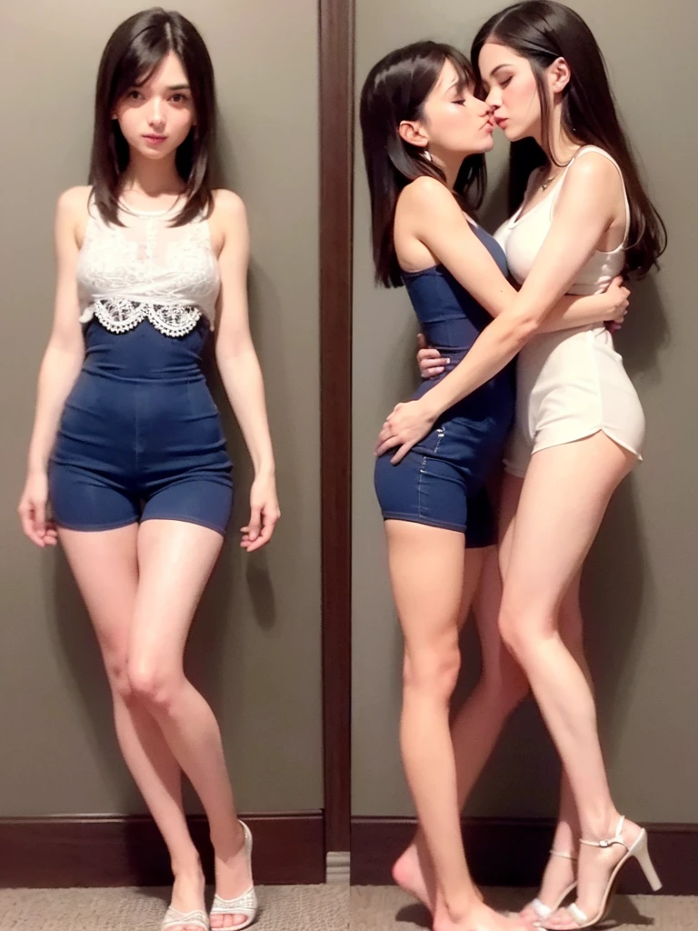 Two Beautiful skinny italian girls hugging and kissing each other on the lips while wearing rompers. Makeup. Full Body. Beautiful hair. Soft legs.