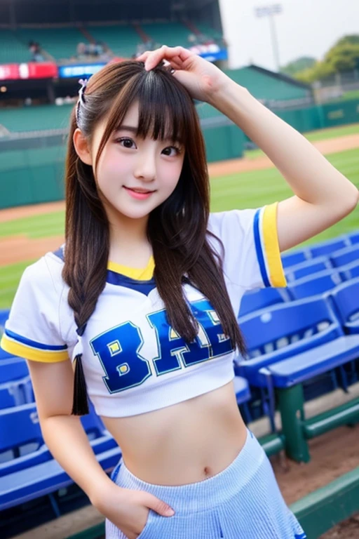 university student、girl、20-year-old、very cute、Cute hairstyle、Cheer Dance、baseball Ground、game、Great success、Blue and Yellow、Too much exposure、Big Breasts、