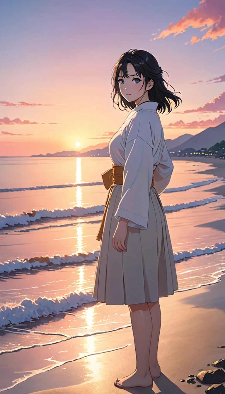 National Science Foundation,masterpiece,High resolution,8K,art,refer to,Kyoto Animation Style,Your Name movie style,To the camera,Looking into the camera,Beautiful sunset over the sea,On the shore at dusk,Soft Light,(1 female: 1.3),(alone: 1.4),(((Black Hair))),流れるような太いBlack Hair,Glittery Lute's evening dress,(Woman in swimsuit: 1.3),Crystal Hairpin,Long eyelashes,Thin legs,(((Medium Hair))),(Long Bob Hair: 1.3),Feminine poses,close of upper body,close,Close-up,Eyes as deep as the starry sky,(((Pale blue eyes))),Fine and beautiful eyes,Moist eyes,Blushed,shy,shy,Smiling softly,Woman smiling shyly,mystery的な,mystery,Woman as beautiful as an angel,(Make sure your head does not extend beyond the screen)