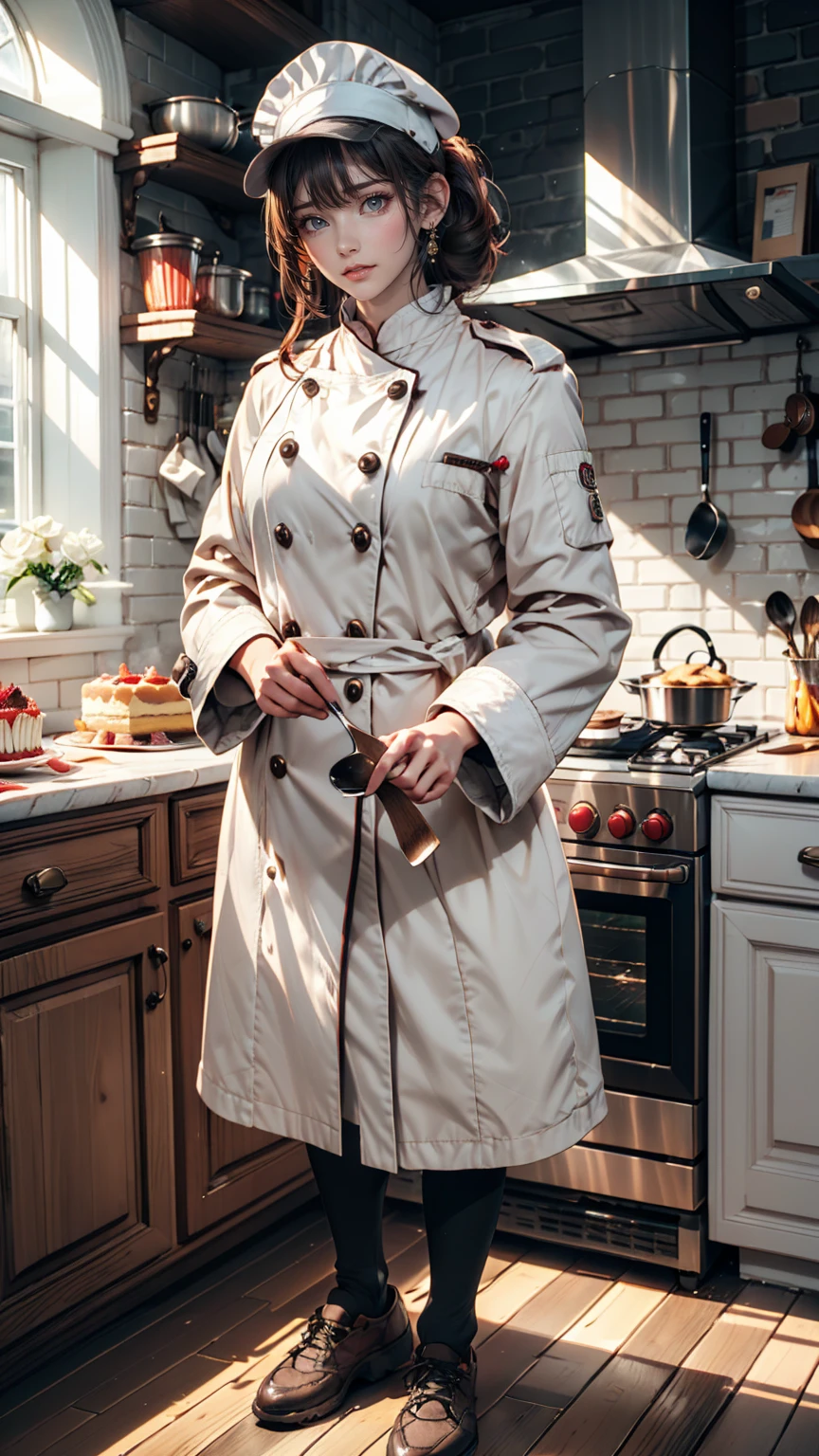 24-year-old female、Pastry chef、White coat(cook coat)、Cook Shoes、White Cap、kitchen、Make a birthday cake、Hair up style