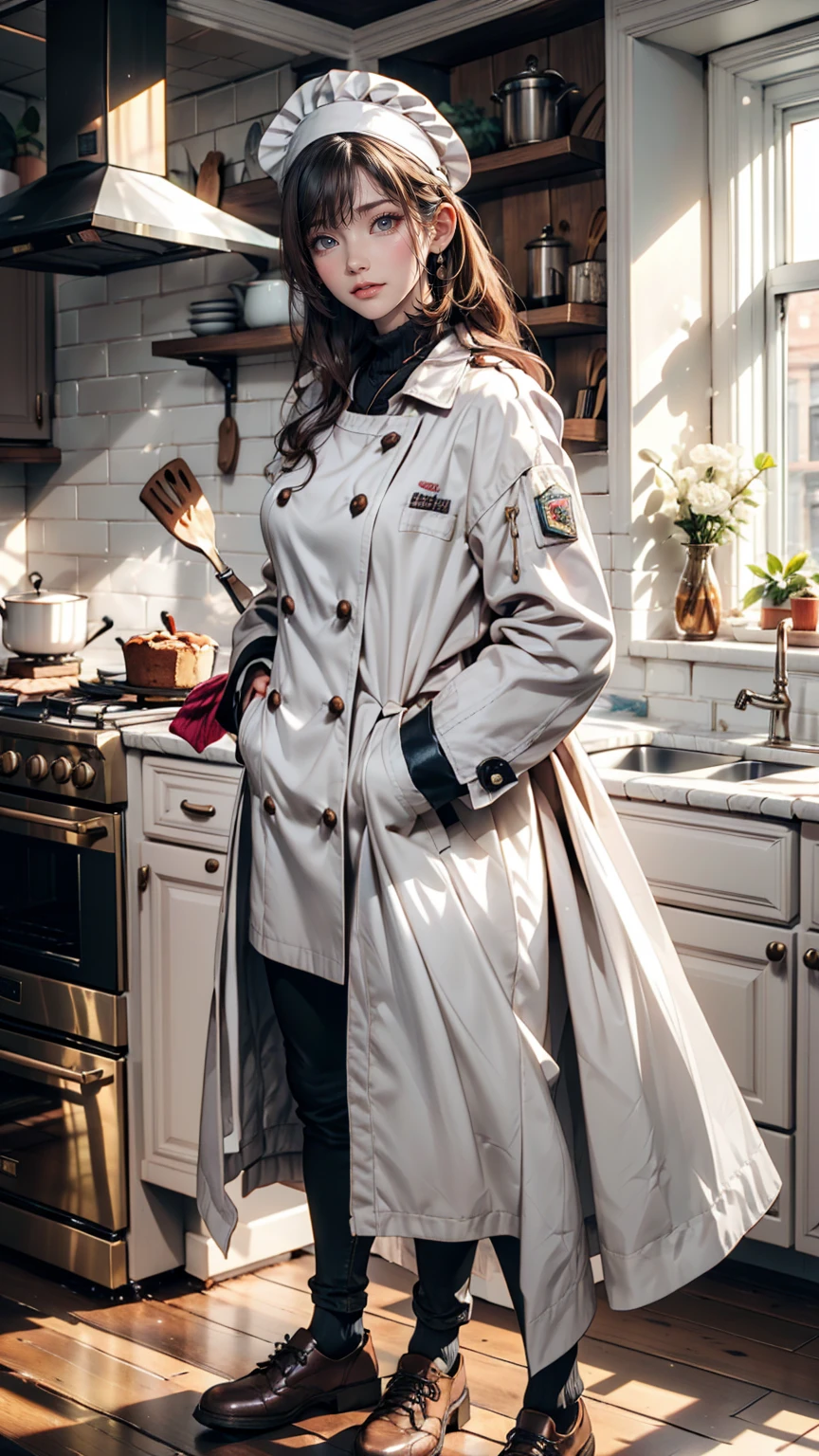 24-year-old female、Pastry chef、White coat(cook coat)、Cook Shoes、White Cap、kitchen、Make a birthday cake、Hair up style
