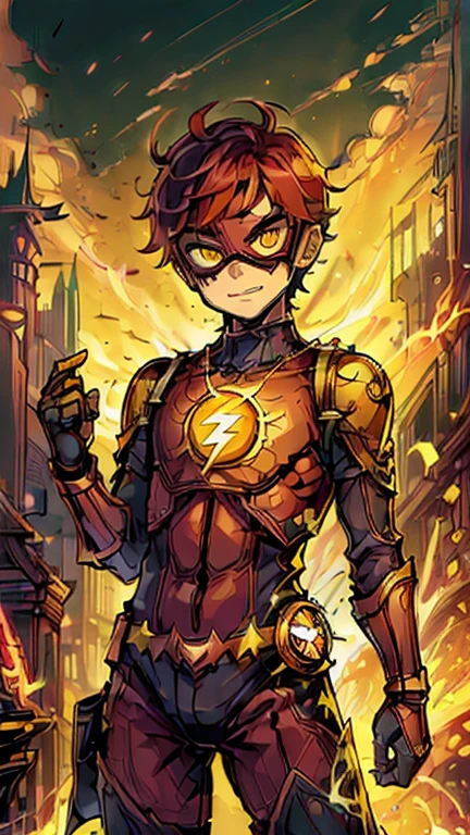 best quality,masterpiece,1boy,solo,(((ars old)japanese boy,an extremely cute and handsome boy,highly detailed beautiful face and eyes,petit,cute face,lovely face,baby face,shy smile,show teeth,red hair,short hair,flat chest,skinny,slender(((wearing a Kid flash costume, yellow Hero mask style,))),(((Heroic pose in Dark Midnight Fantasy style Gotham castle))),he is looking at the viewer,