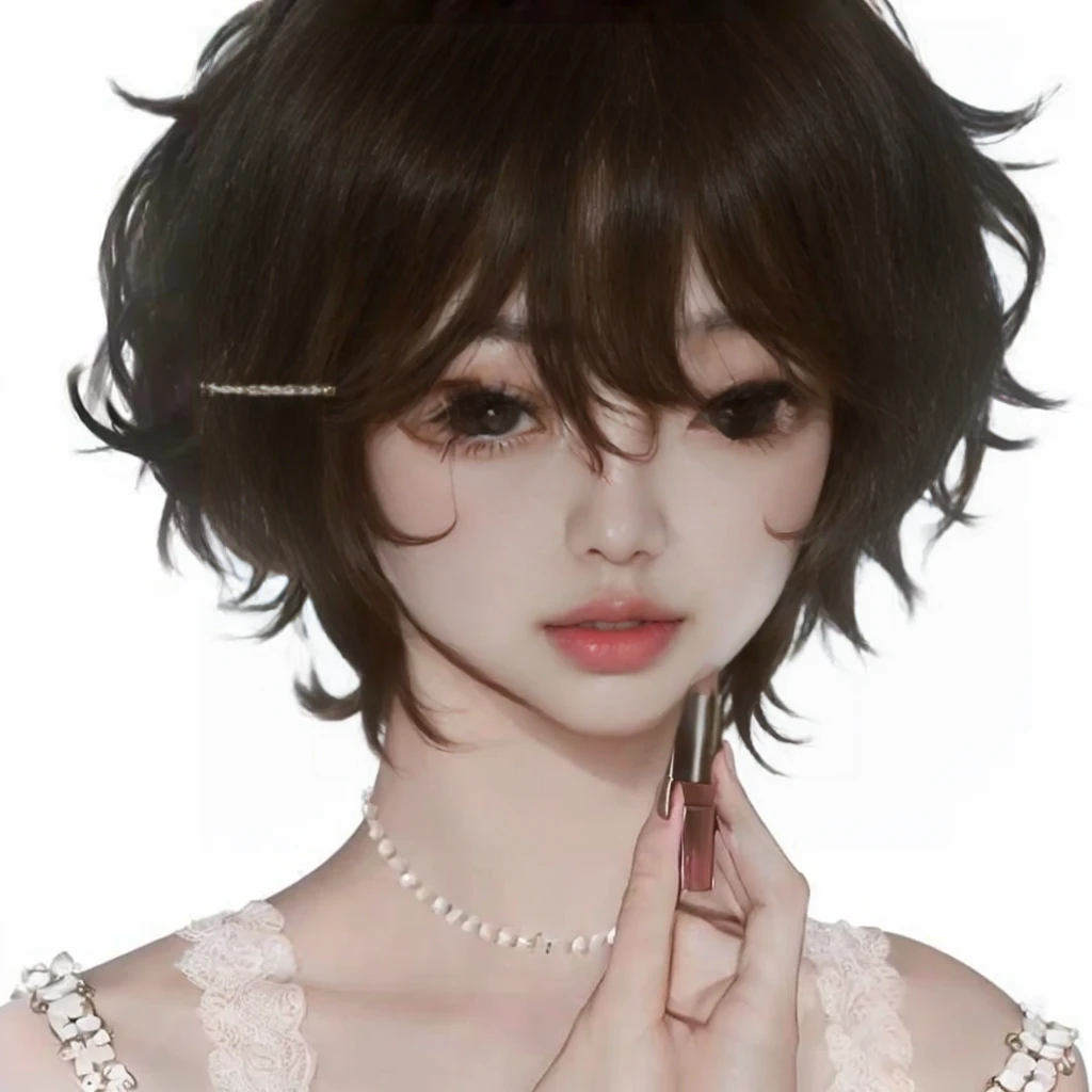 Taehyung Kim, With a lipstick in her hand, fleshy lips, eyes large, wavy hair
